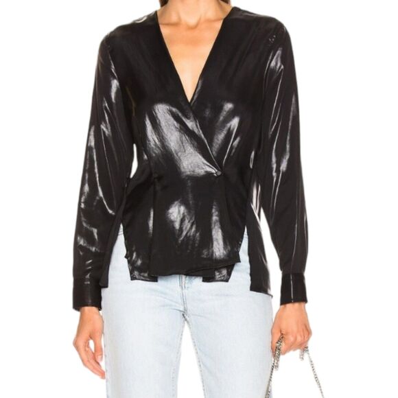 Rag & Bone Debbie Top Womens Medium Black Long Sleeve Front Slits V-Neck Chic - Picture 2 of 12